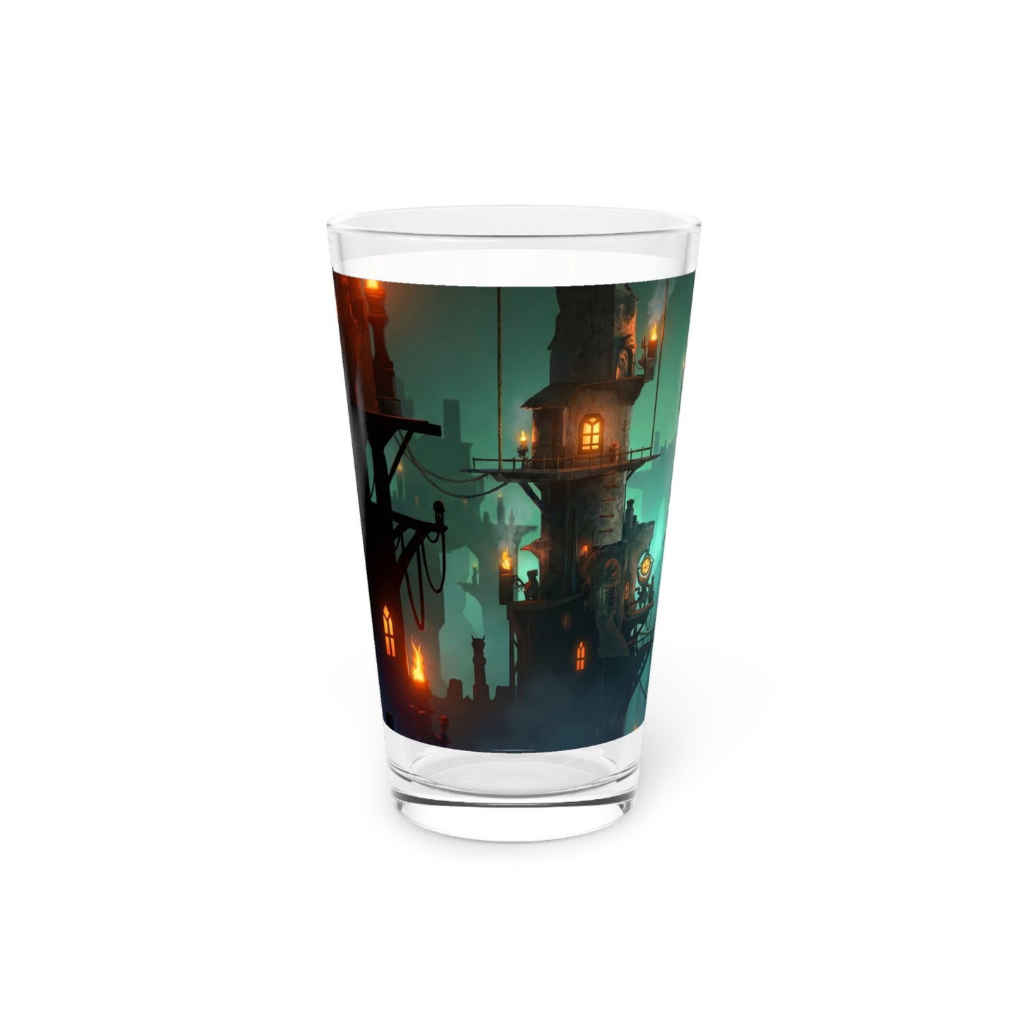 Floating City at Dusk Pint Glass – Warm Lights in the Misty Sky