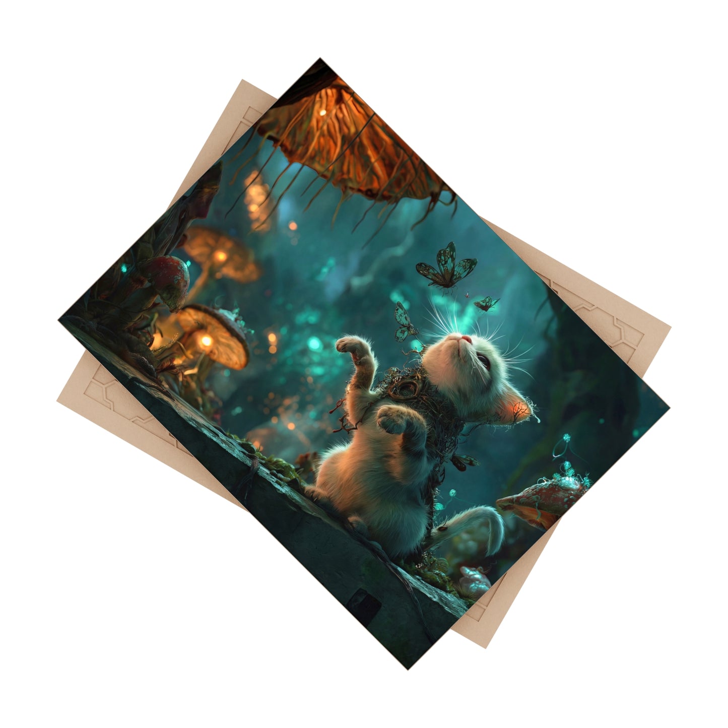 Enchanted Forest Kitten Ceramic Photo Tile – Whispering Butterflies and Glowing Fungi
