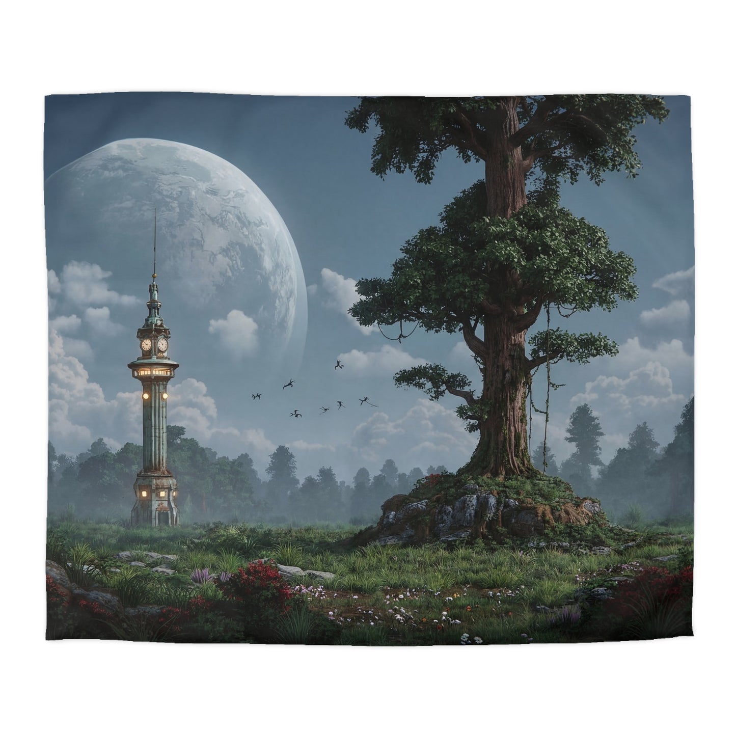 Moonlit Clocktower and Ancient Tree Duvet Cover – Whispers of Time Beneath the Celestial Dome