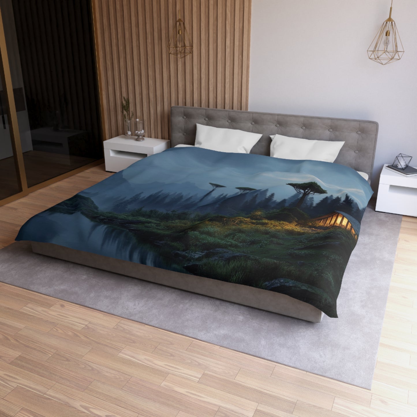 Moonlit Cabin Duvet Cover – Whispering Peaks & Silent Waters