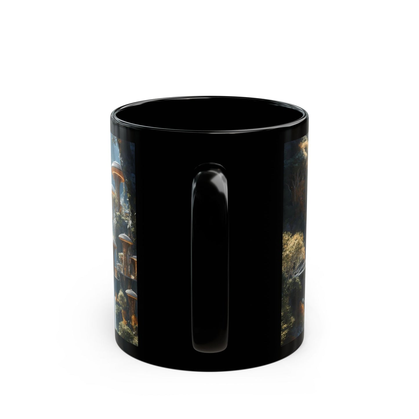 Floating Dome Village Black Mug – Sunlit Sky-Cliff Haven