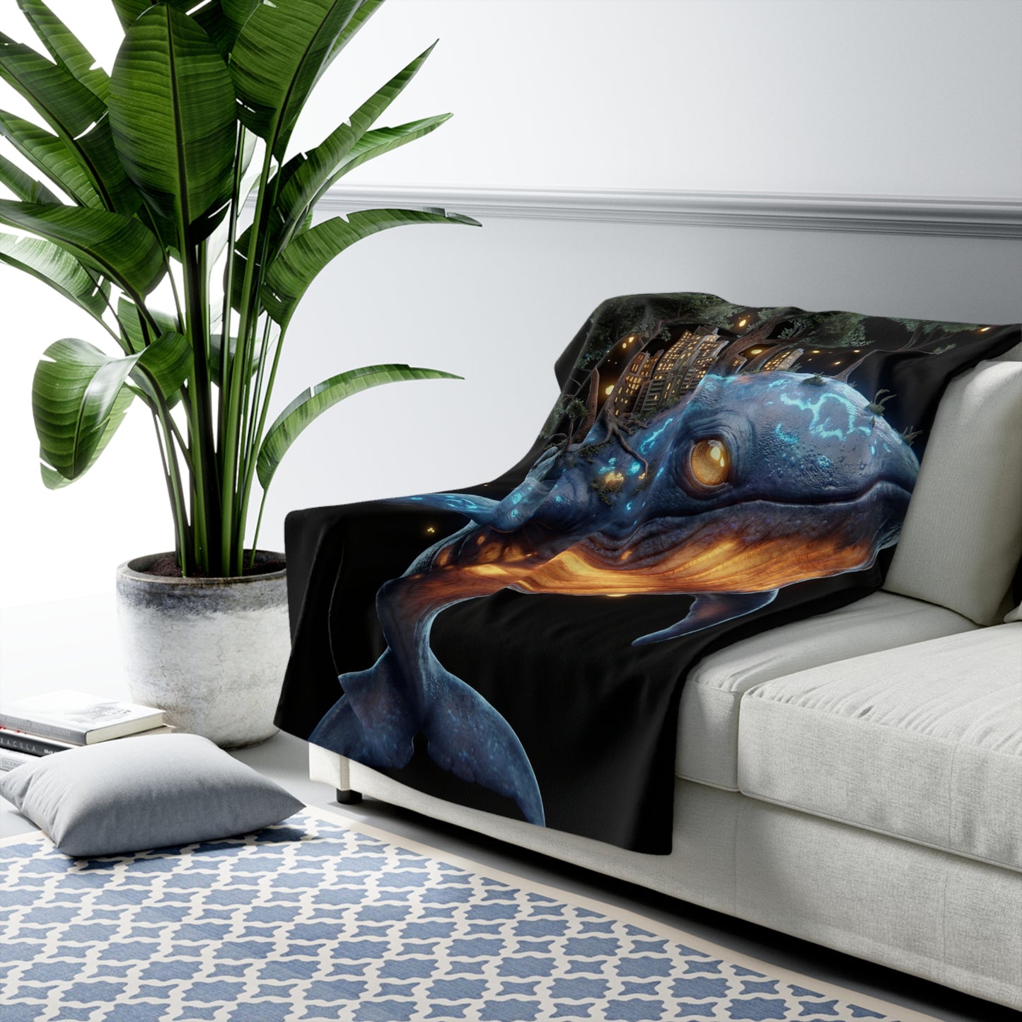 Harbor City Whale Sherpa Fleece Blanket – Bioluminescent Guardian with Urban Grove