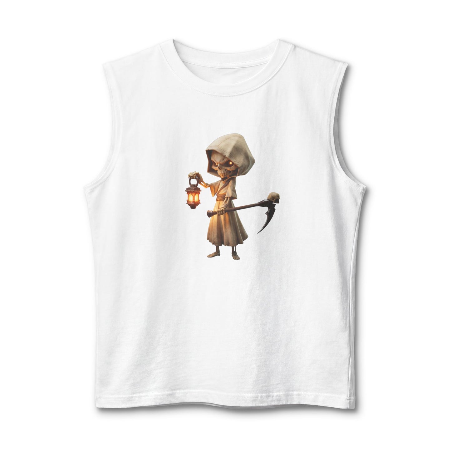 Lantern-Bearing Guardian Muscle Tank – Hooded Skeleton Sentinel Graphic