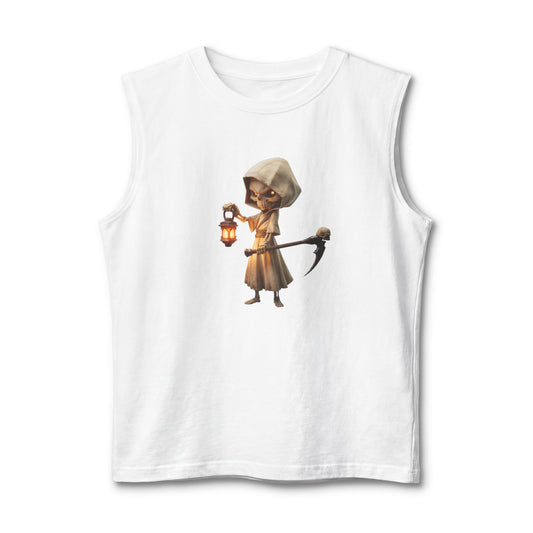 Lantern-Bearing Guardian Muscle Tank – Hooded Skeleton Sentinel Graphic