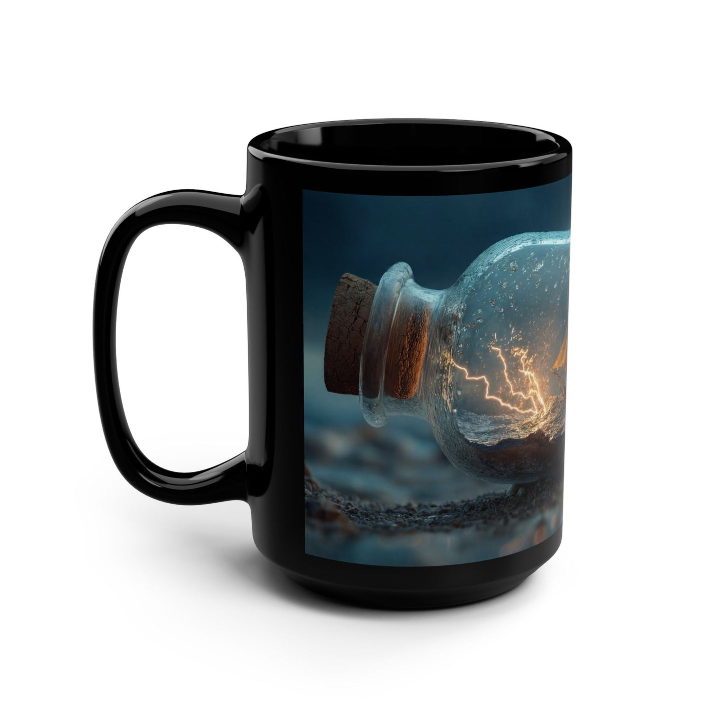 Stormbound Ship Black Mug, 15oz – Lightning & Waves in a Glass Vessel