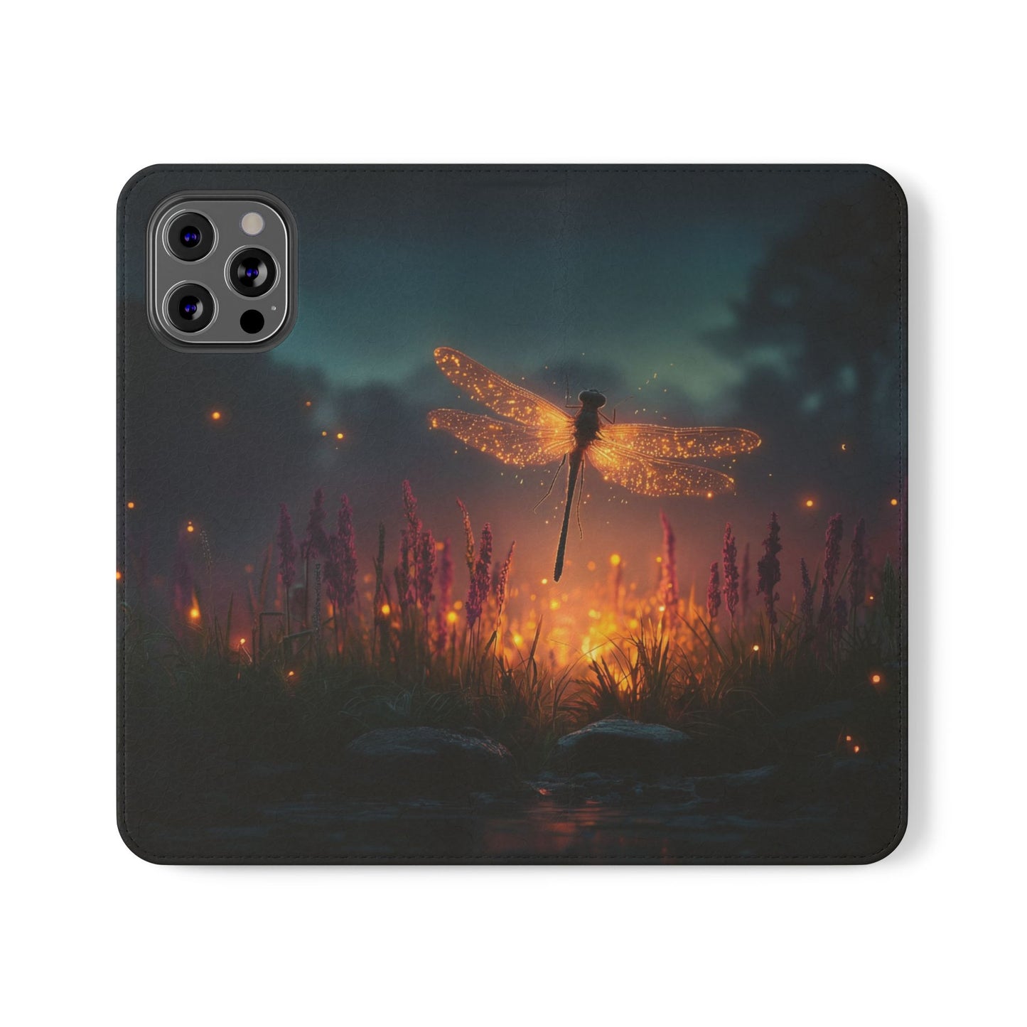 Bioluminescent Dragonfly Flip Cases – Glowing Amber Wings Over Twilight Marsh