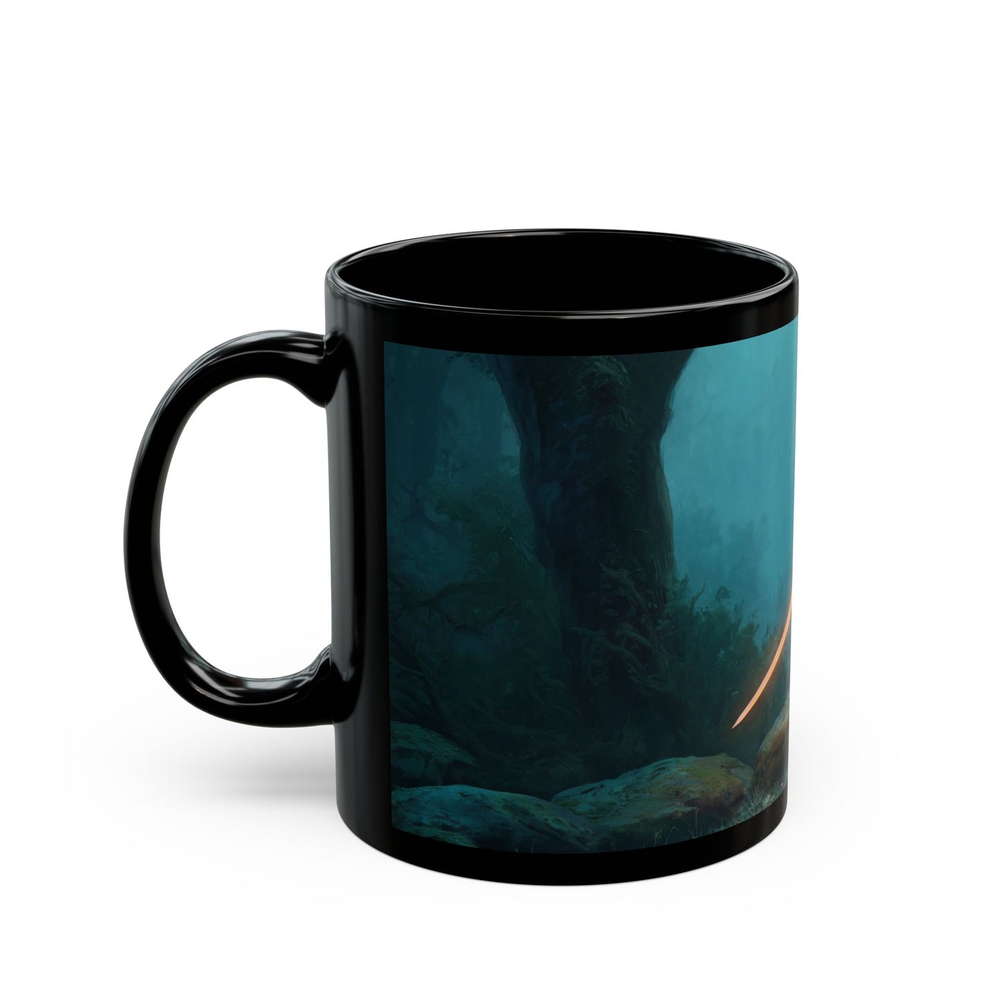 Twilight Sentinel Black Mug – Misty Forest Guardian with Glowing Sword