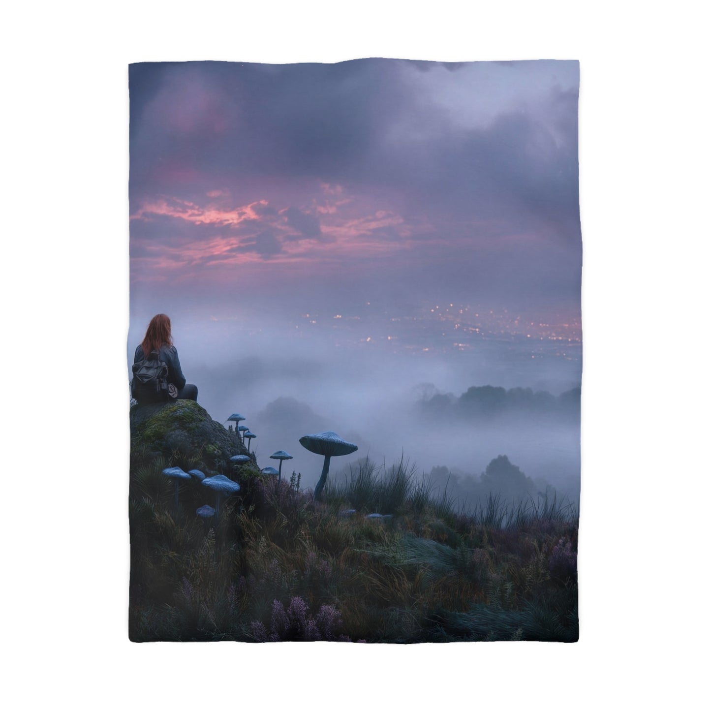 Moonlit Wanderer Microfiber Duvet Cover – Twilight Vista with Bioluminescent Fungi