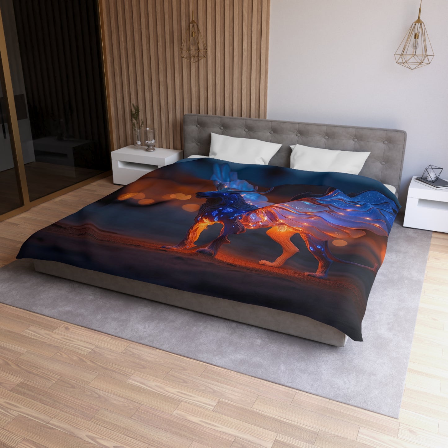 Celestial Lion With Wings Microfiber Duvet Cover – Twilight Guardian Dreamscape