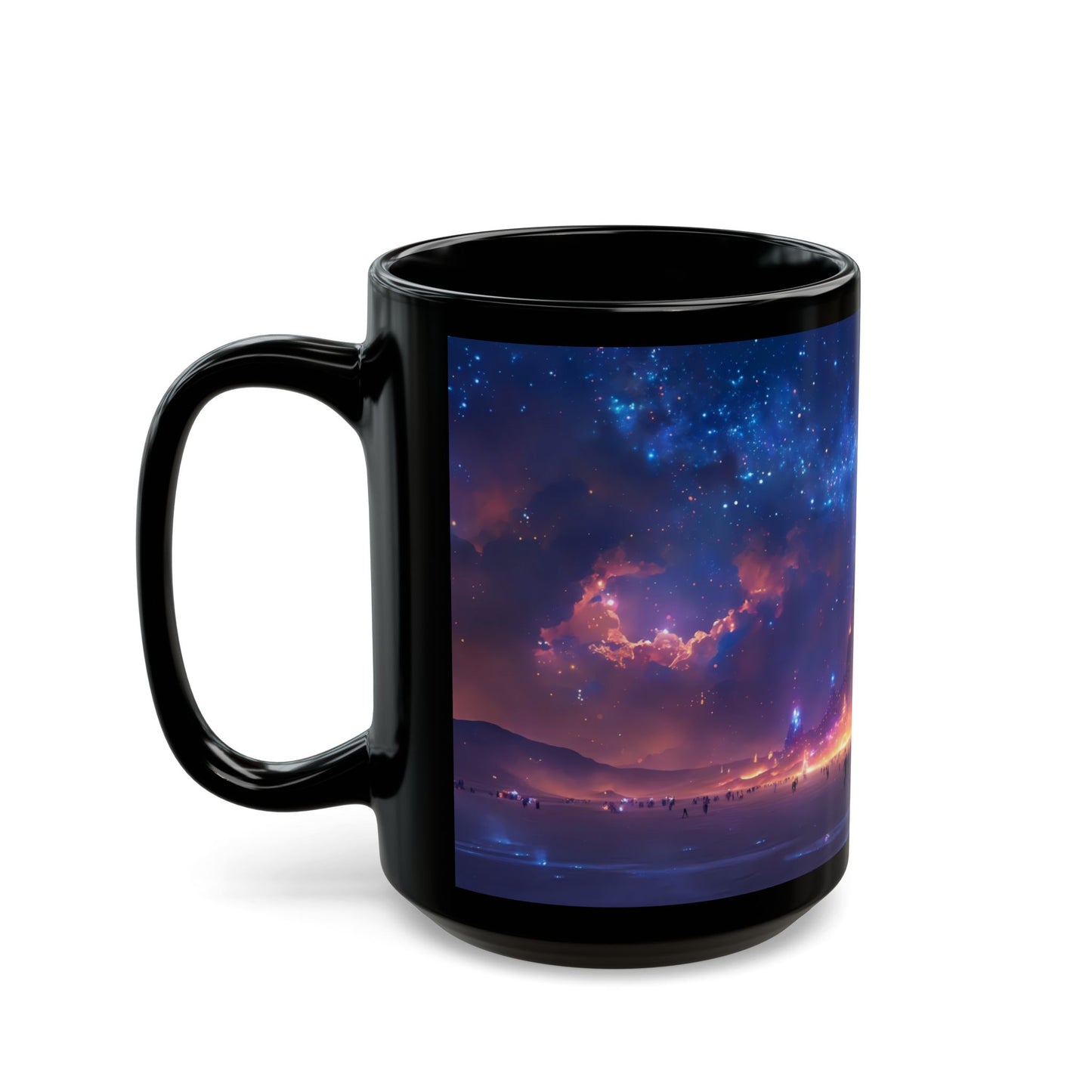 Cosmic Spire Black Mug – Night Sky Citadel Dreamscape