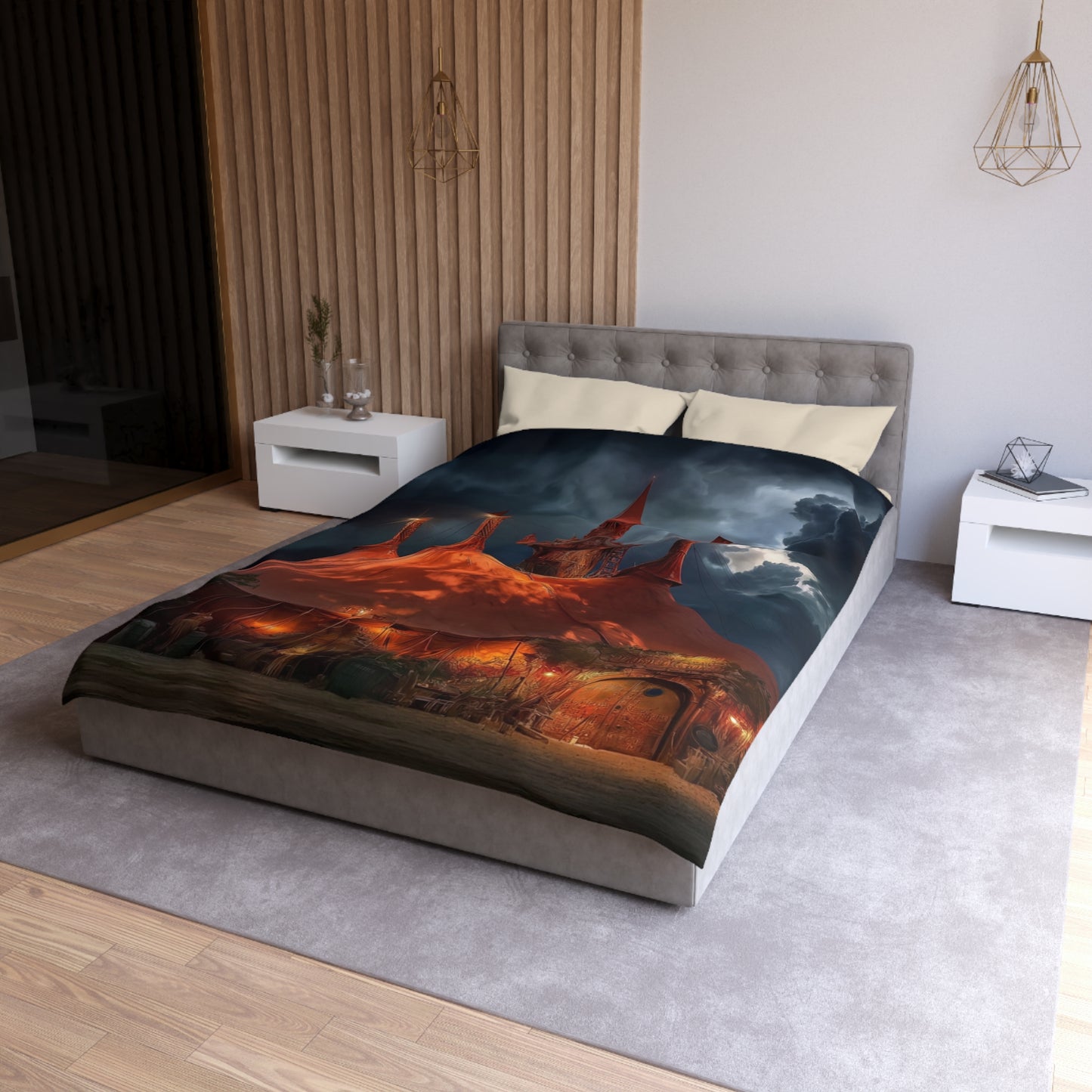 Crimson Carnival Tent Duvet Cover – City Lights Under Stormy Skies
