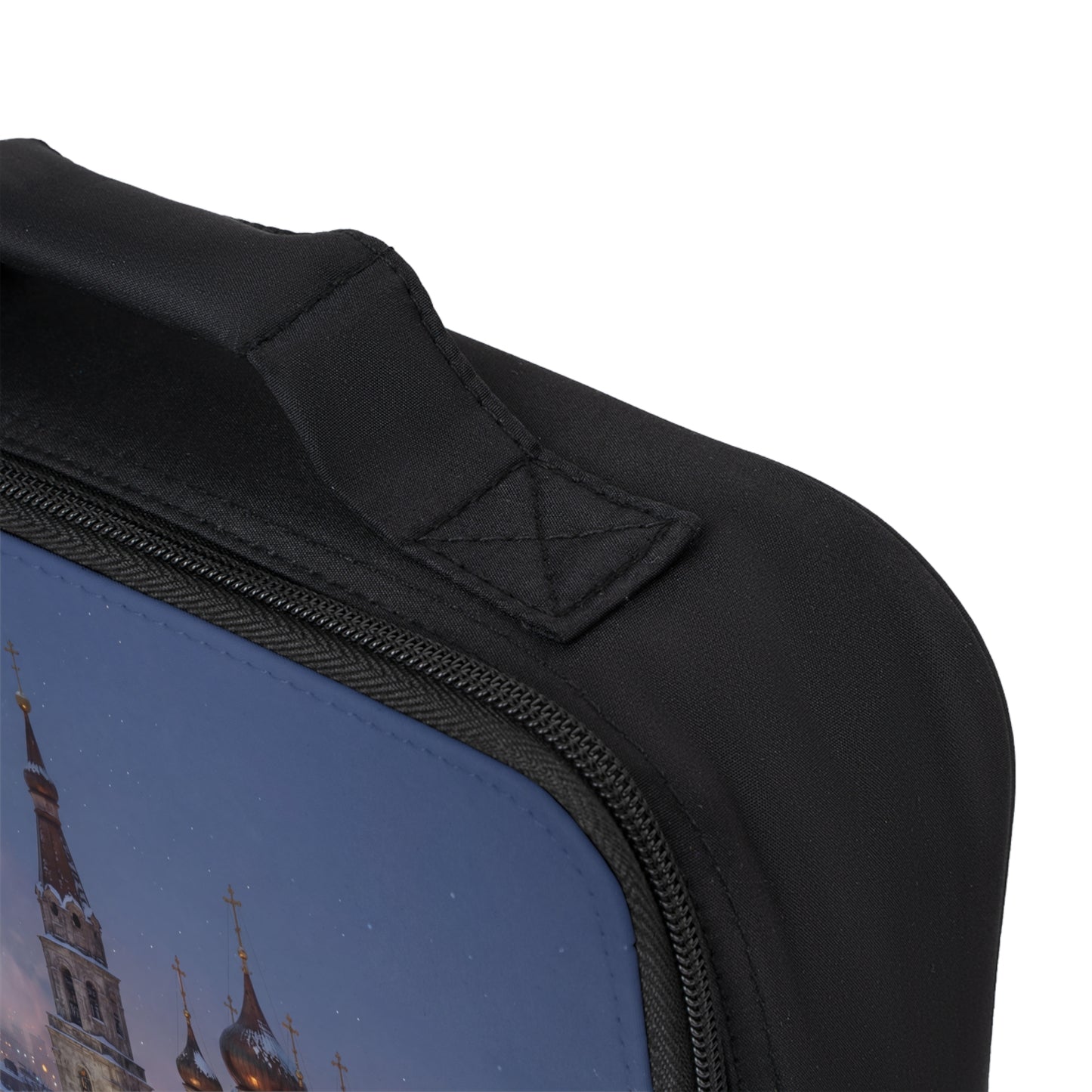 Winter Cathedral Snowscape Lunch Bag – City Lights Beneath Starry Skies