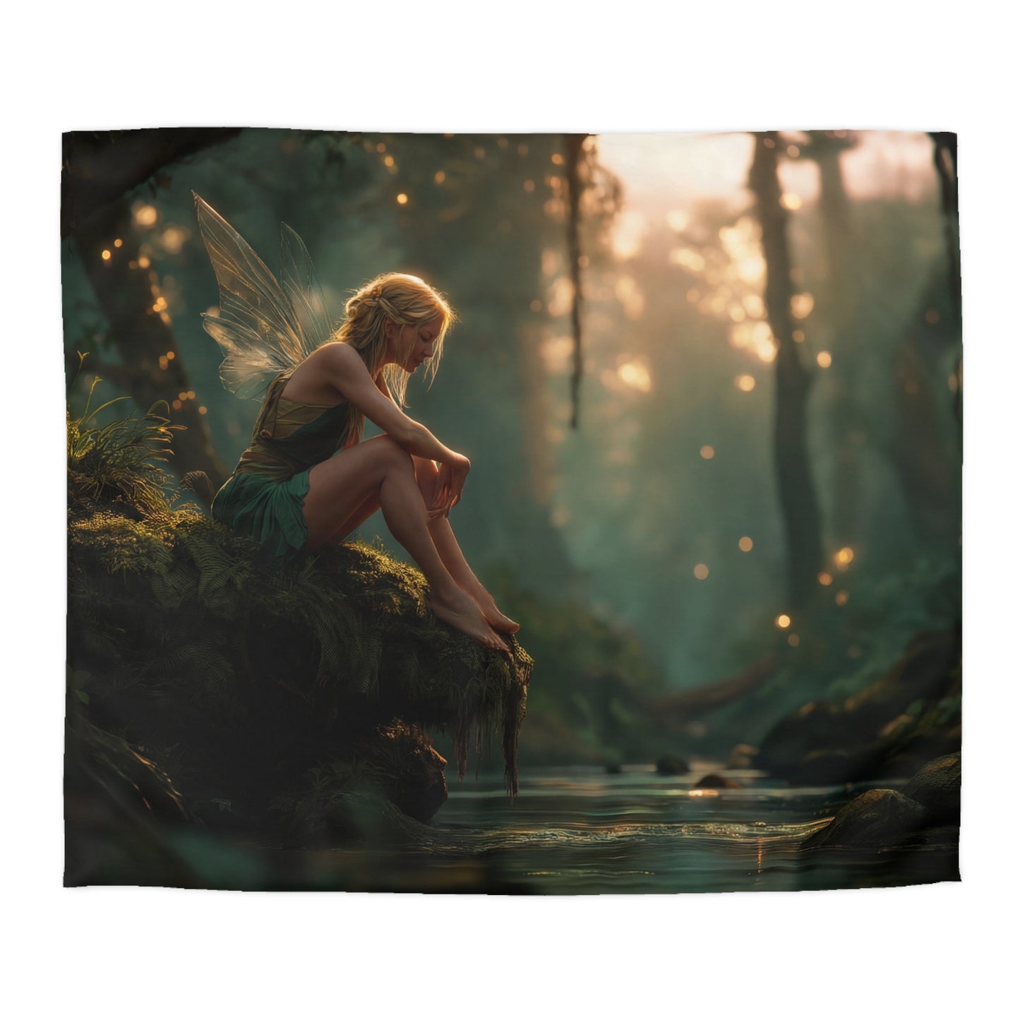 Moss-Clad Fairy River Guardian Duvet Cover – Golden Hour Forest Sanctuary
