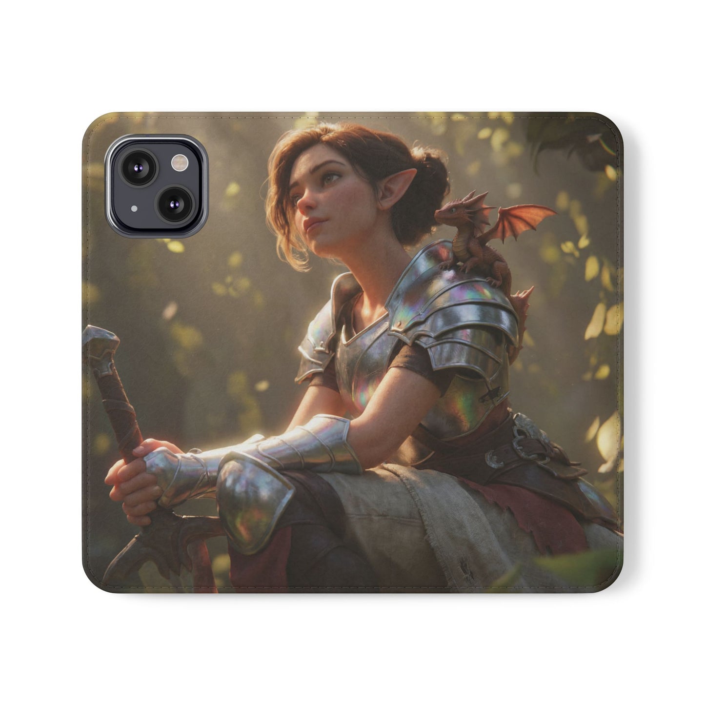 Elven Knight with Dragon Flip Cases – Iridescent Armor & Tiny Guardian Portrait
