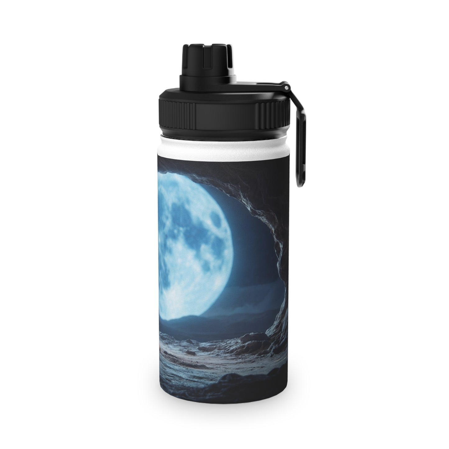 Moonlit Monk Stainless Steel Water Bottle, Sports Lid – Serene Cave Meditation Scene
