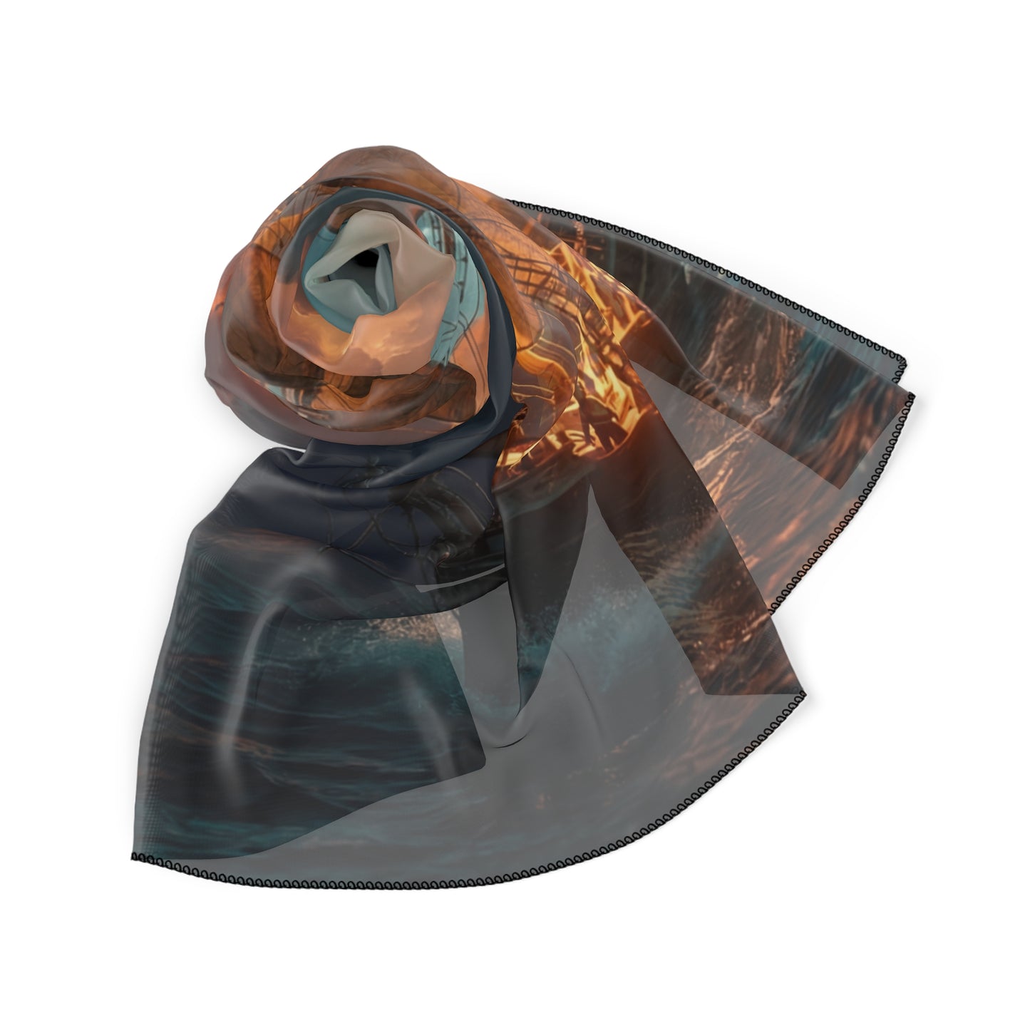 Starlit Galleon Poly Scarf – Voyage Through Crimson Skies