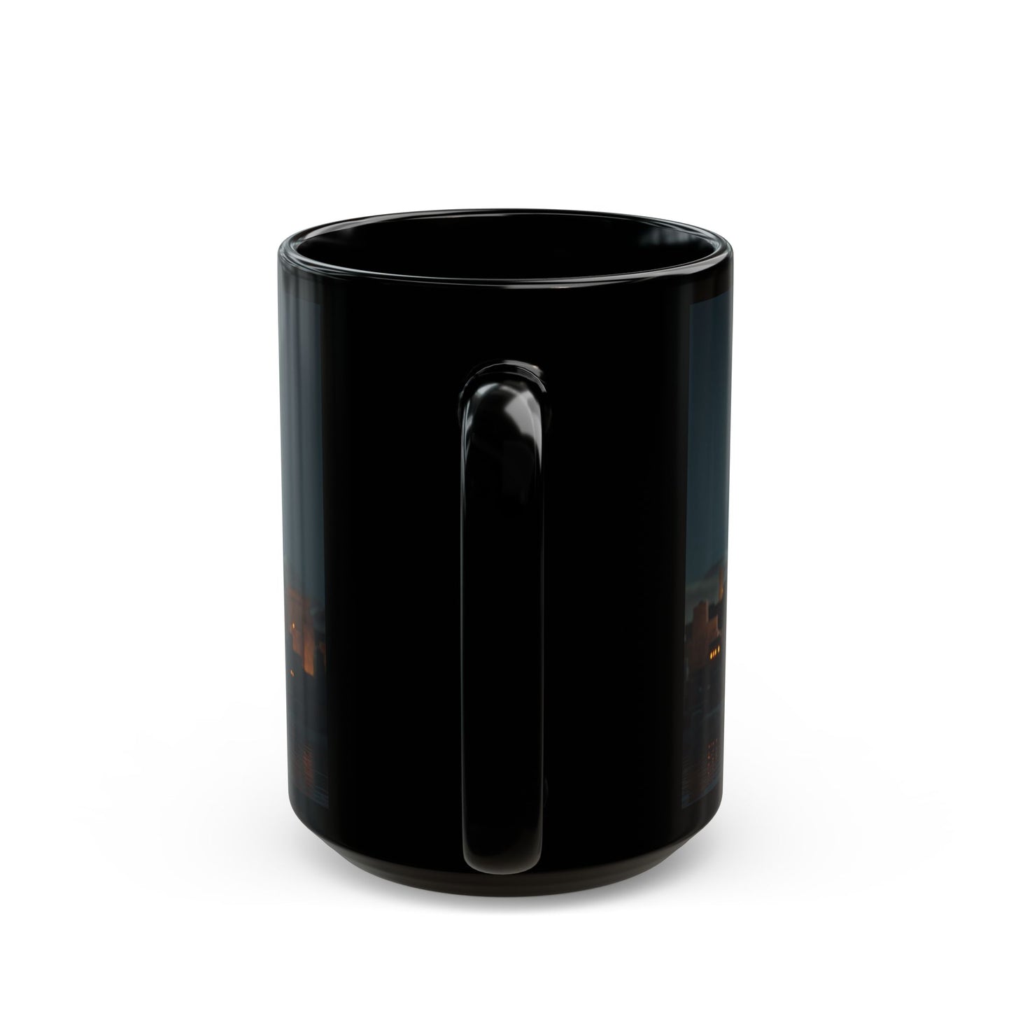 Celestial Cat Black Mug – Moonlit Pyramids Dreamscape