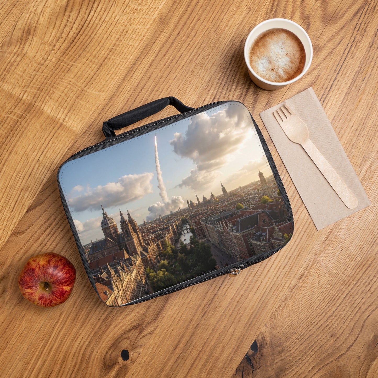 Rocket Over Amsterdam Lunch Bag – Dawn’s Silent Ascent Through Brick Canals