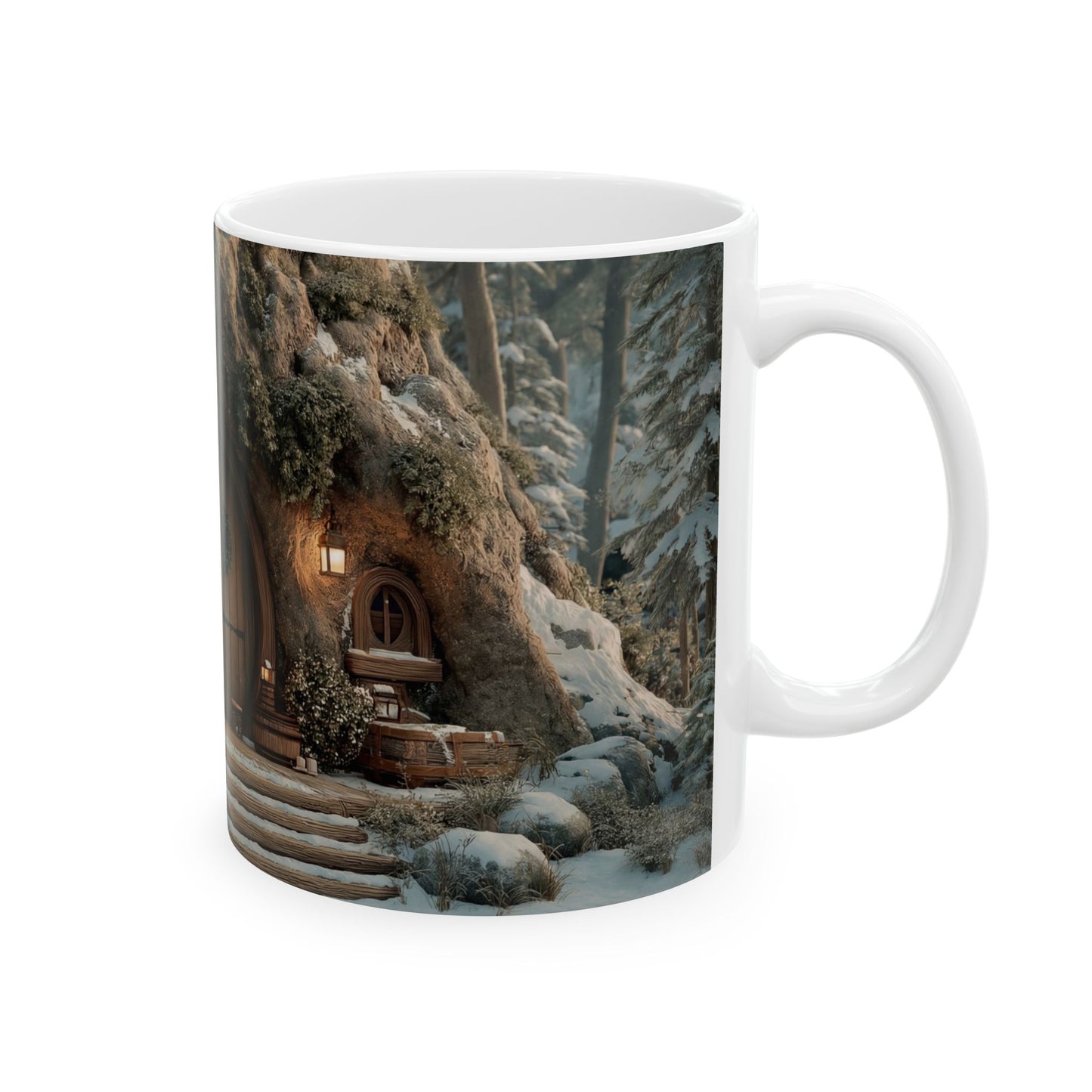 Winter Treehouse Doorway Mug – Snowbound Hearth Glow Ceramic (11oz, 15oz)