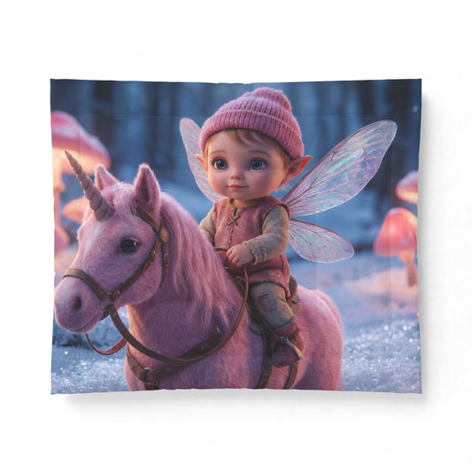 Pink Unicorn & Elf Ride Comforter – Fairy Tale Snowscape Blanket
