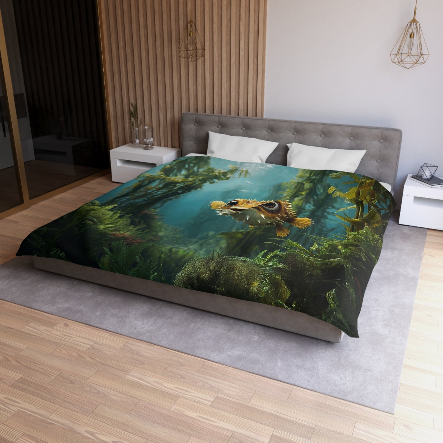 Curious Pufferfish Microfiber Duvet Cover – Sunlit Kelp Forest Dreamscape