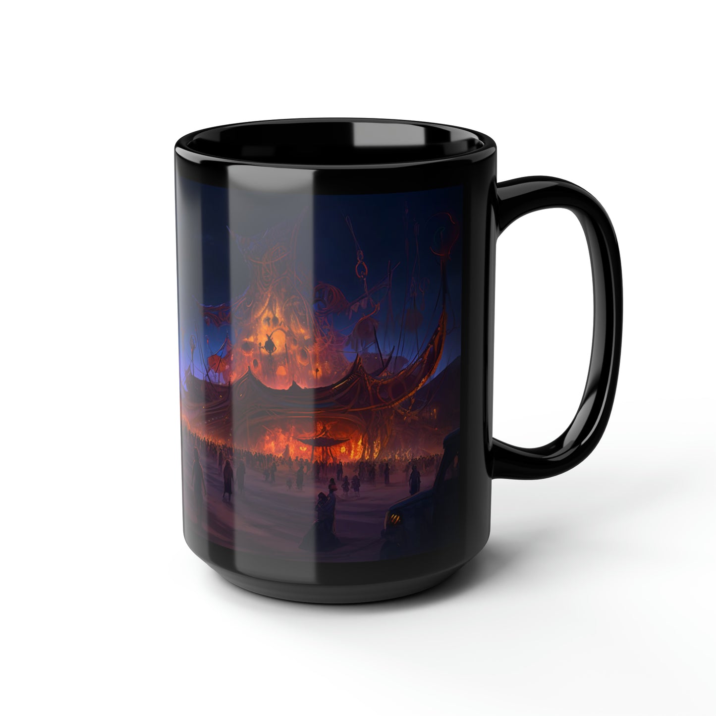 Digital painting of an awe-inspiring night scene at Burning Man, showcasing epic and intricate art installations -  Mug, Black