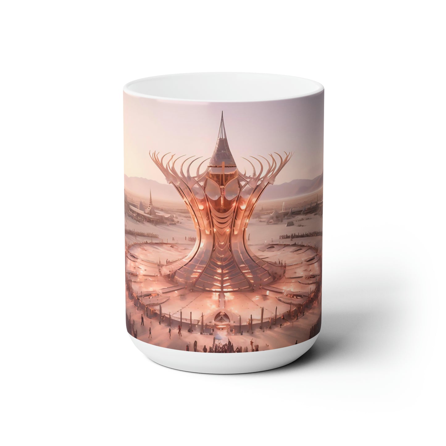 A colossal sundial materializing in the heart of the Burning Man festival, its intricate architecture inspiring awe and wonder.  -  Ceramic Mug 15oz