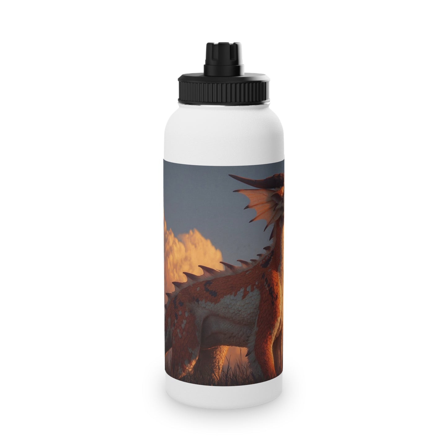 Sunset Sentinel Dragon Stainless Steel Water Bottle, Sports Lid – Amber Scale Horizon
