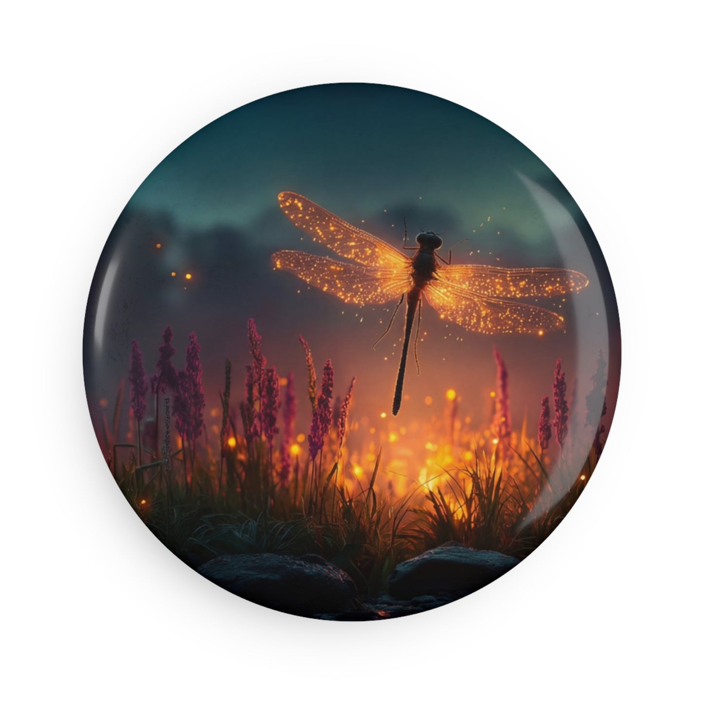 Firefly Dragonfly Button Magnet, Round (1 & 10 pcs) – Twilight Glow Over Purple Grasses