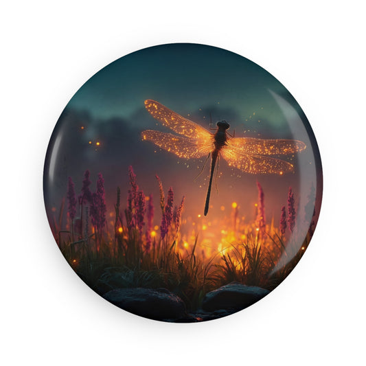Firefly Dragonfly Button Magnet, Round (1 & 10 pcs) – Twilight Glow Over Purple Grasses