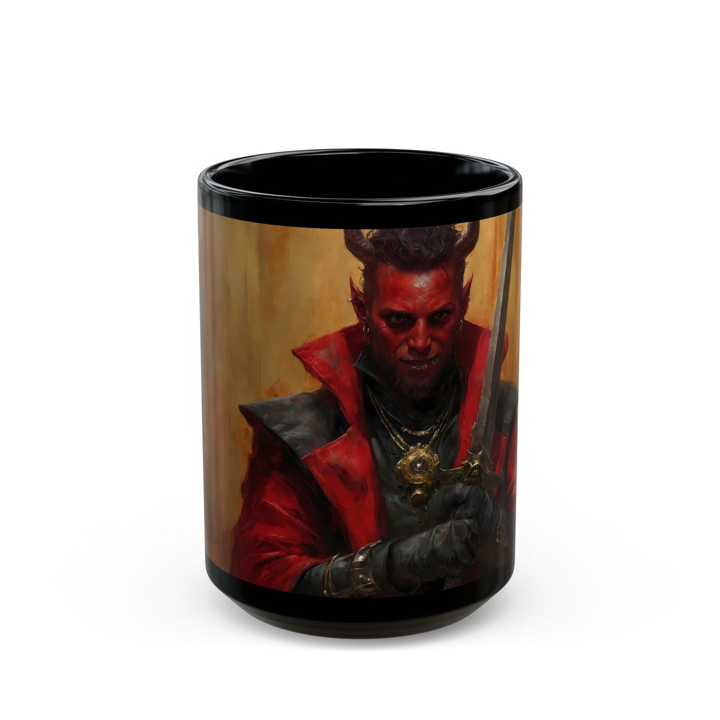 Crimson Demon Warrior Black Mug – Regal Blade and Fiery Resolve