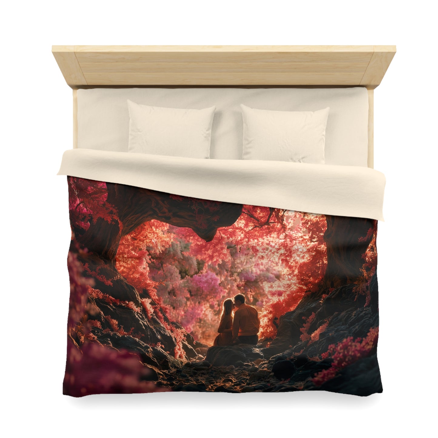 Crimson Archway Duvet Cover – Heart-Shaped Forest Canopy Print