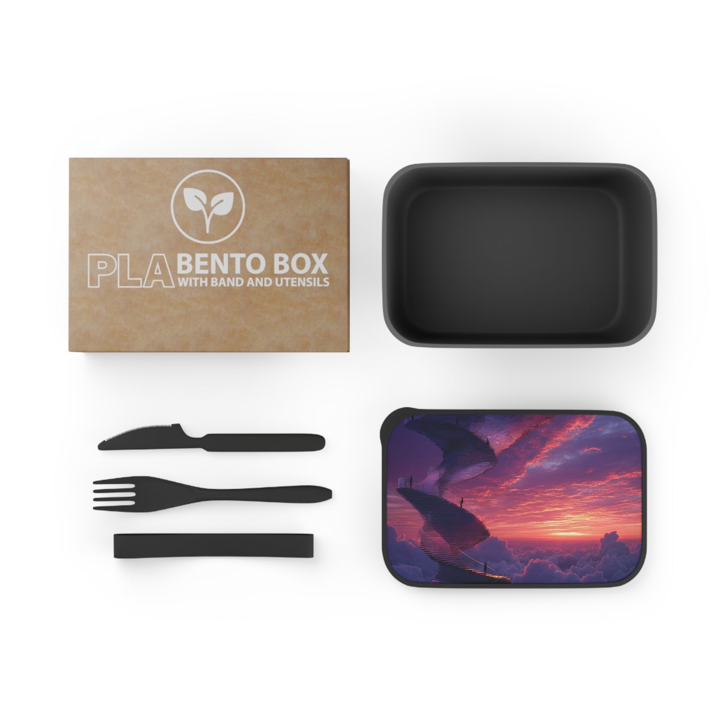 Celestial Spiral Staircase PLA Bento Box with Band and Utensils – Ascending Through Twilight Clouds