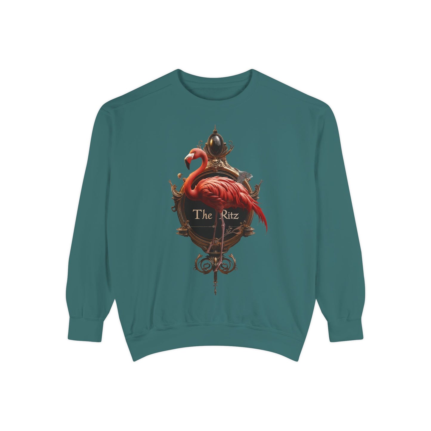 Ritz Flamingo Unisex Garment-Dyed Sweatshirt – Brass Ornate Crest with Pink Bird
