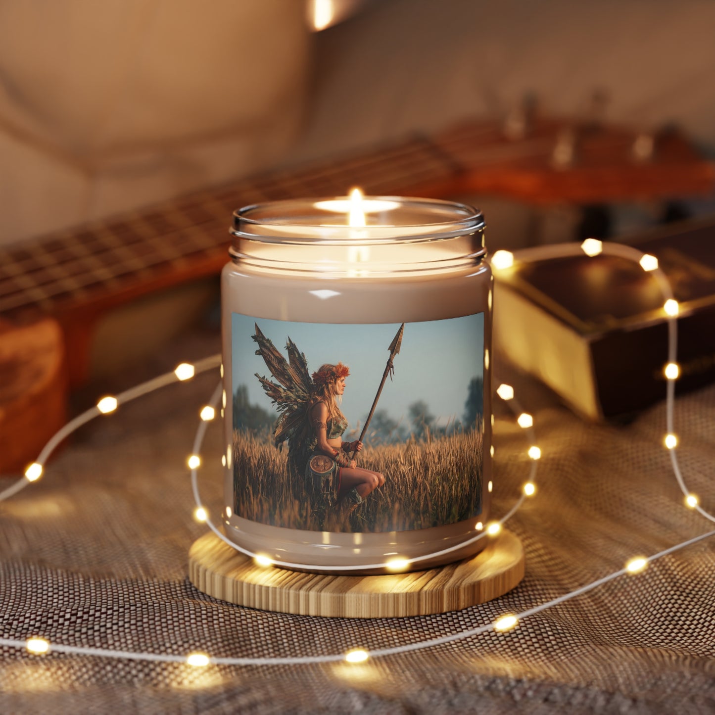 Warrior Fairy in Wheat Field Scented Soy Candles with White Lid, 9oz – Golden Hour Guardian