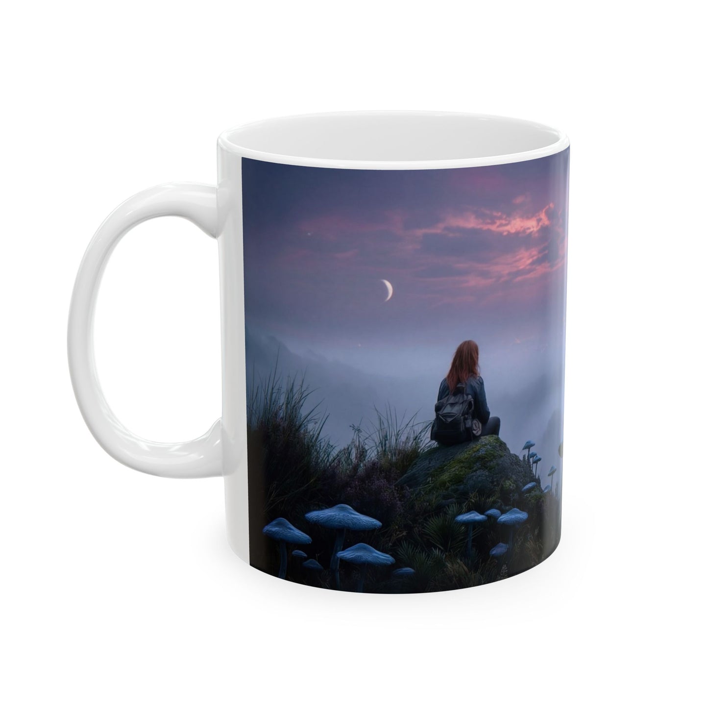Moonlit Sentinel Ceramic Mug – City Glow Through Fungal Twilight
