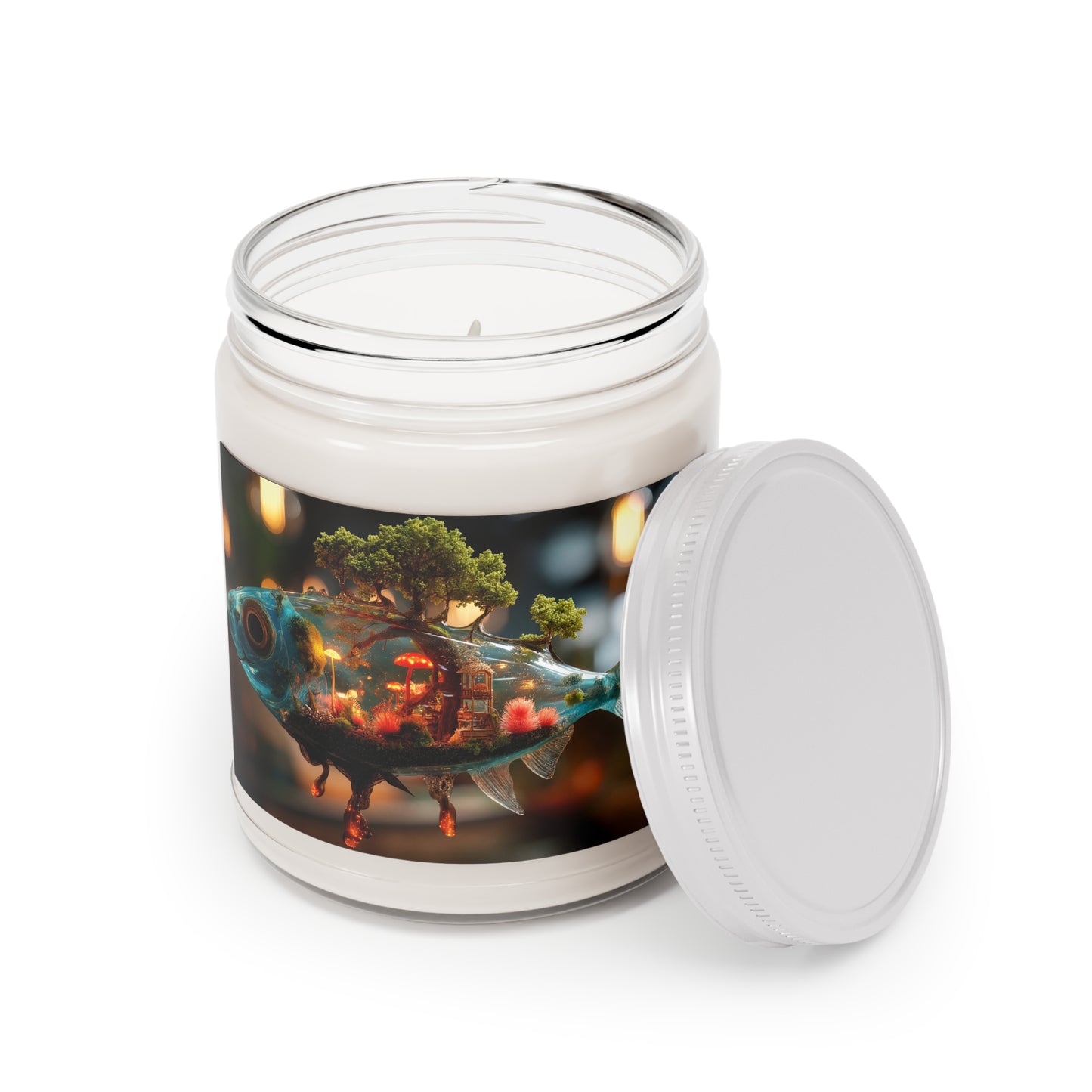 Forest Fish Scented Soy Candles with White Lid, 9oz – Liquid Eden in a Glowing Scale