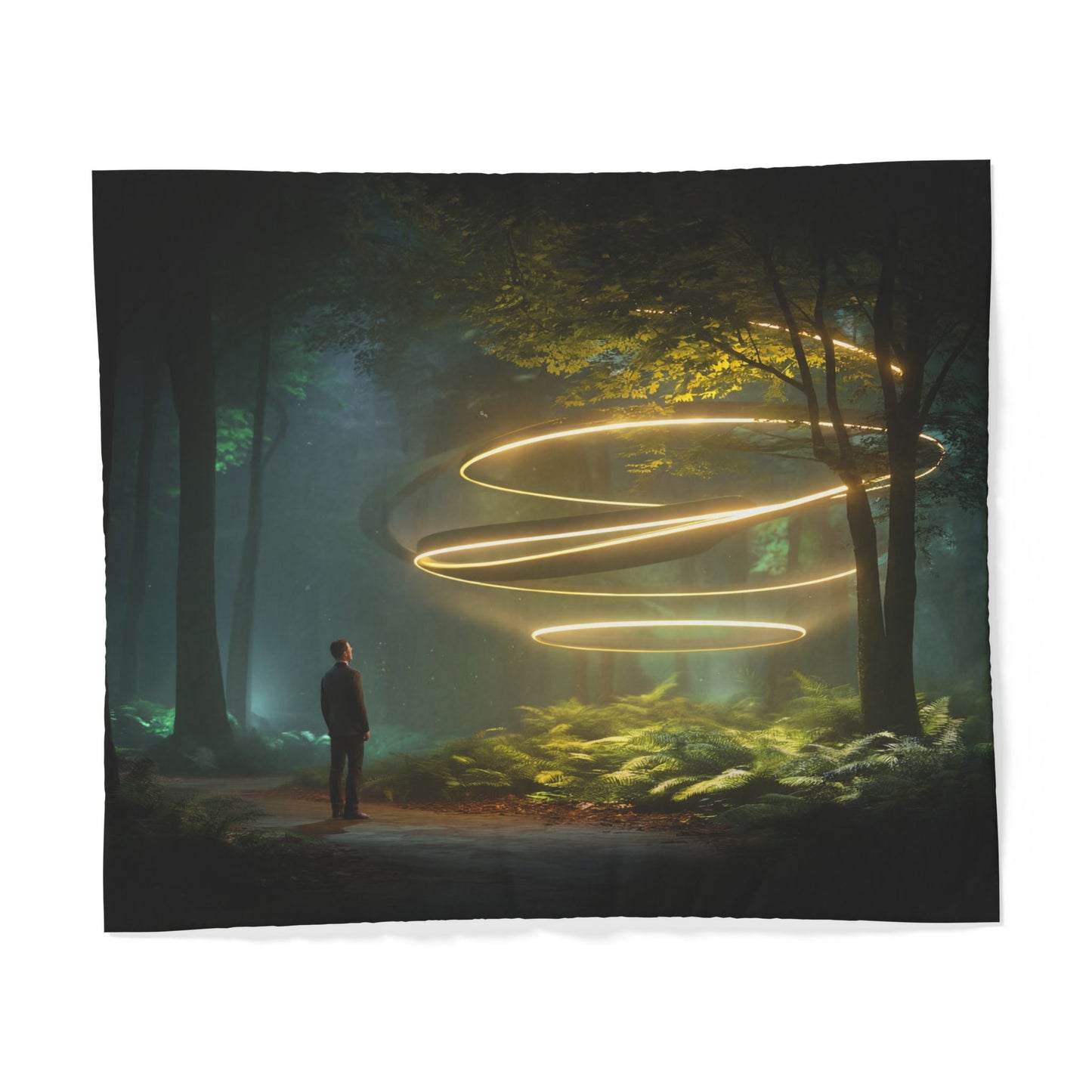 Golden Spiral Forest Duvet Cover – Luminous Rings Over Ferns