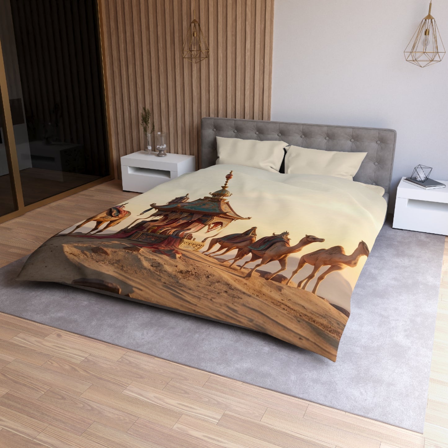 Desert Mirage Duvet Cover – Golden Dunes & Ornate Caravan