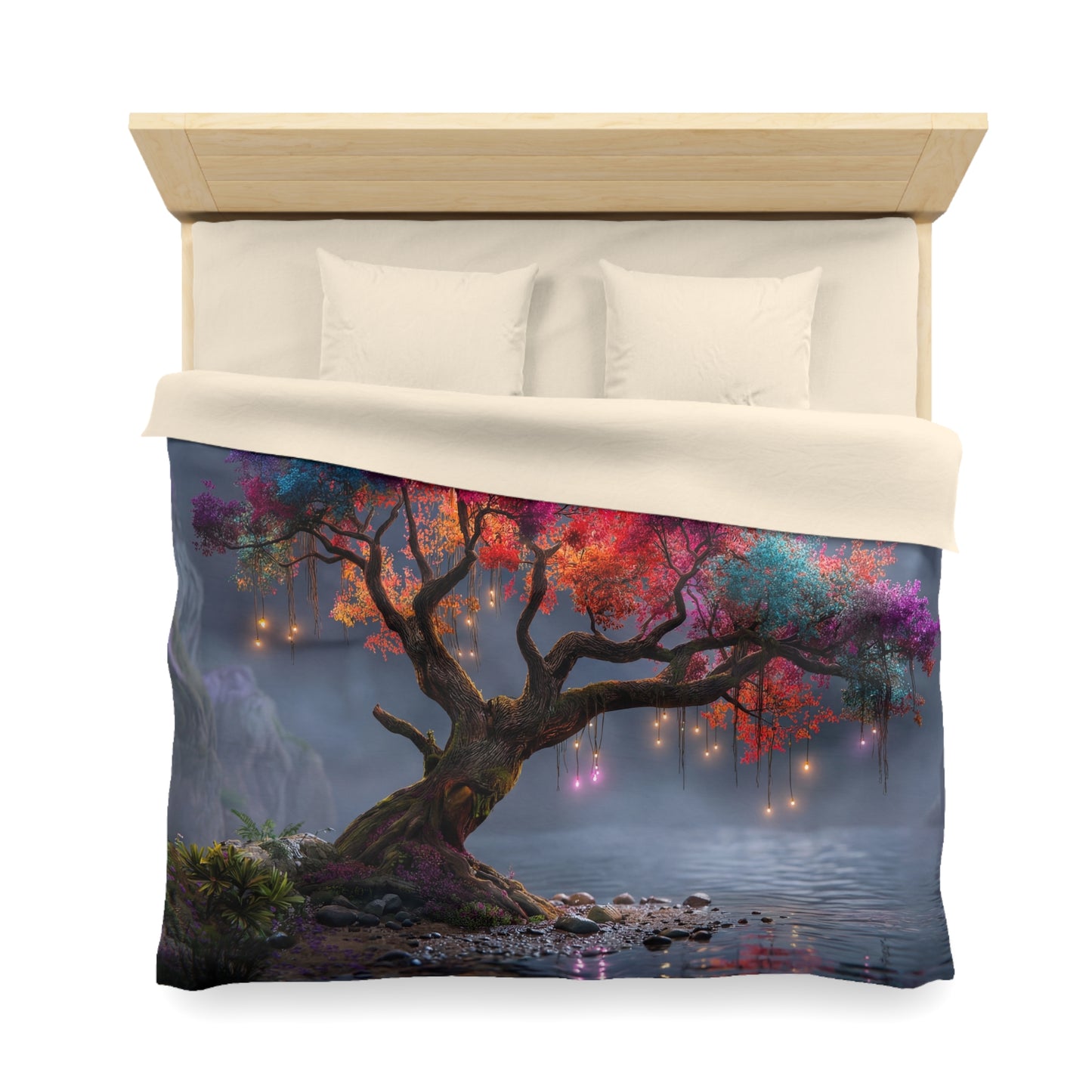 Rainbow Canopy Tree Microfiber Duvet Cover – Moonlit Riverbank Dreamscape
