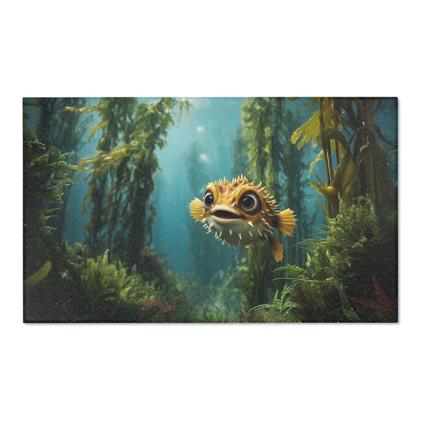 Curious Pufferfish Area Rugs – Sunlit Kelp Forest Adventure