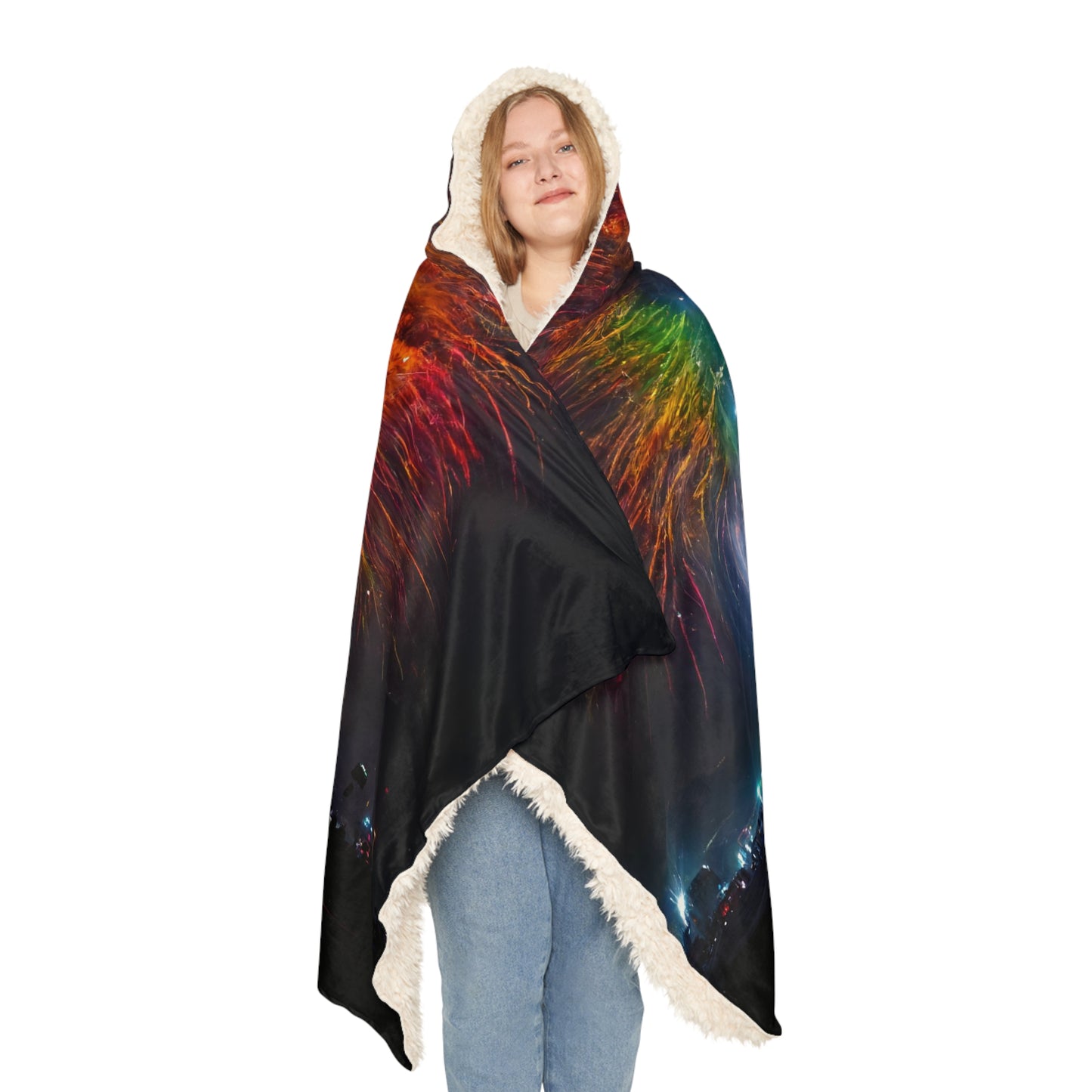 giant rainbow fireworks exploding in the sky, black rock city in the background, lasers and lights illuminating dust, last star in an early morning sky, crowds of people dancing below, award-winning photo, photographic realism - Snuggle Blanket