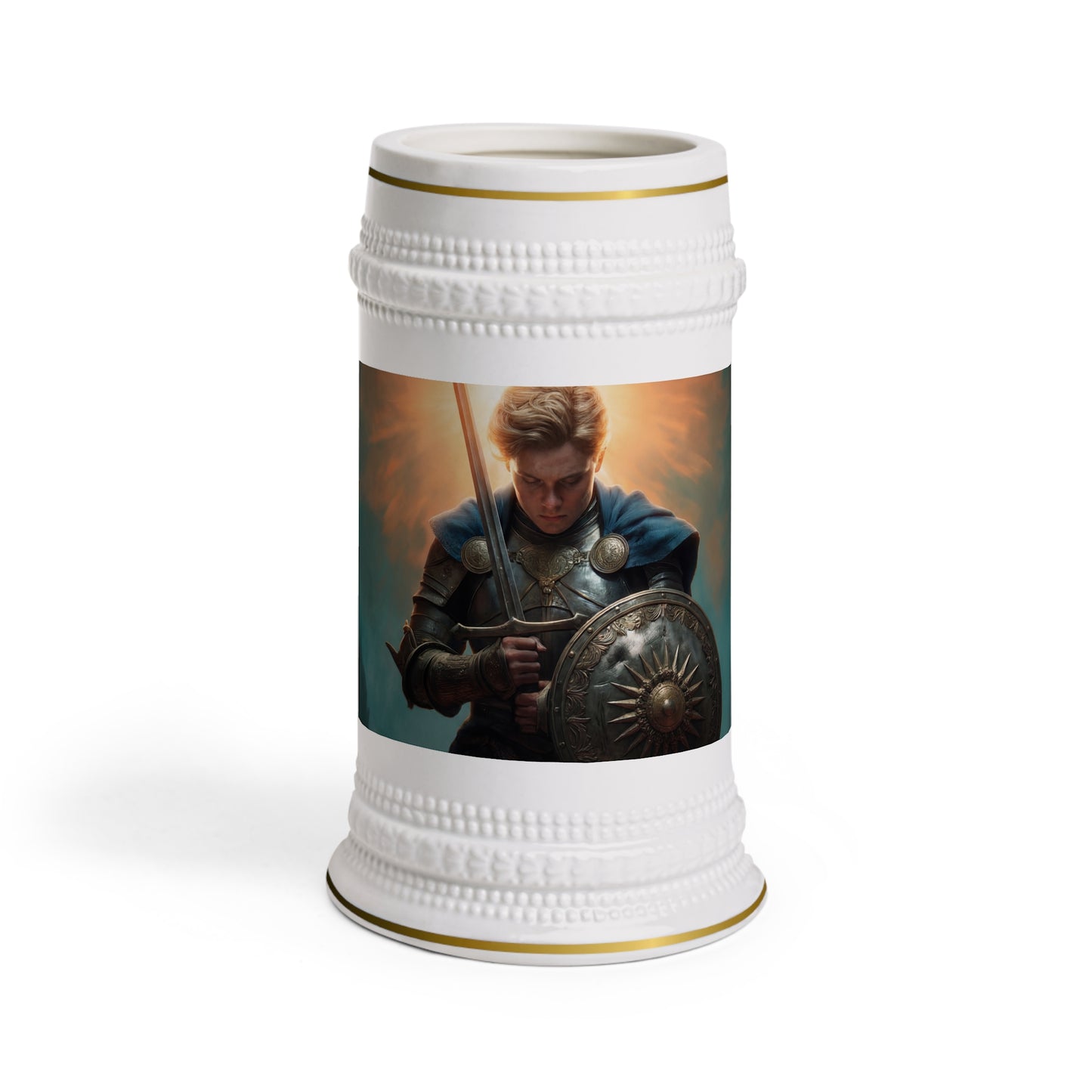 Dawn's Sentinel Stein Mug – Armor and Radiance in Shadowed Towers