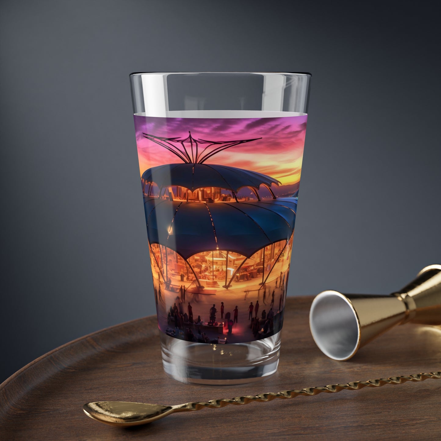 A magical aurora borealis illuminates the Burning Man festival, casting an ethereal glow on the diverse tapestry of human expression below.  - Mixing Glass, 16oz