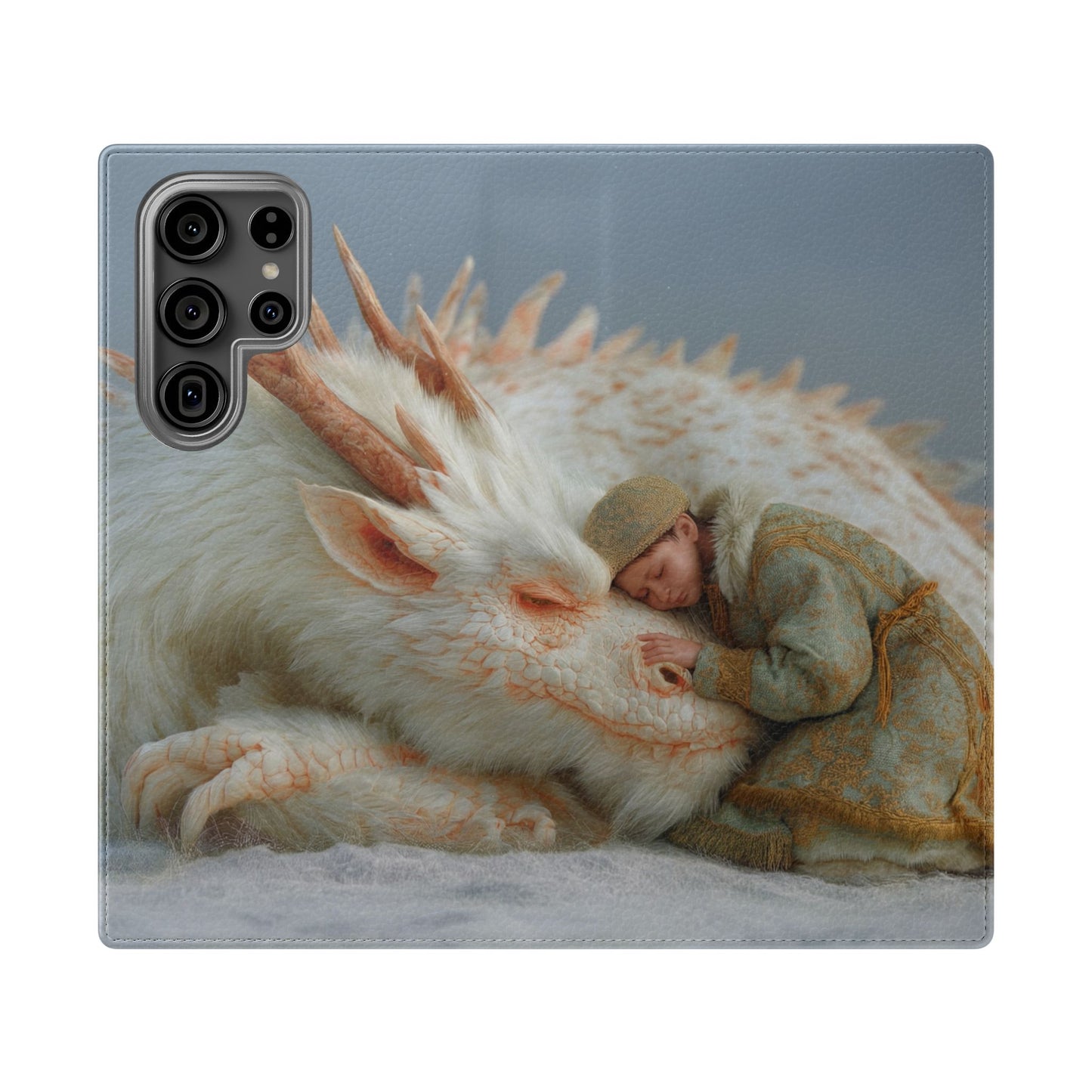 Sleeping Child and Dragon Flip Cases – Snowy Guardian Embrace