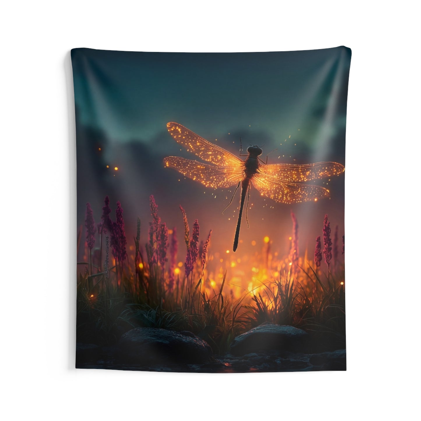 Glowing Dragonfly Indoor Wall Tapestries – Twilight Firefly Serenade