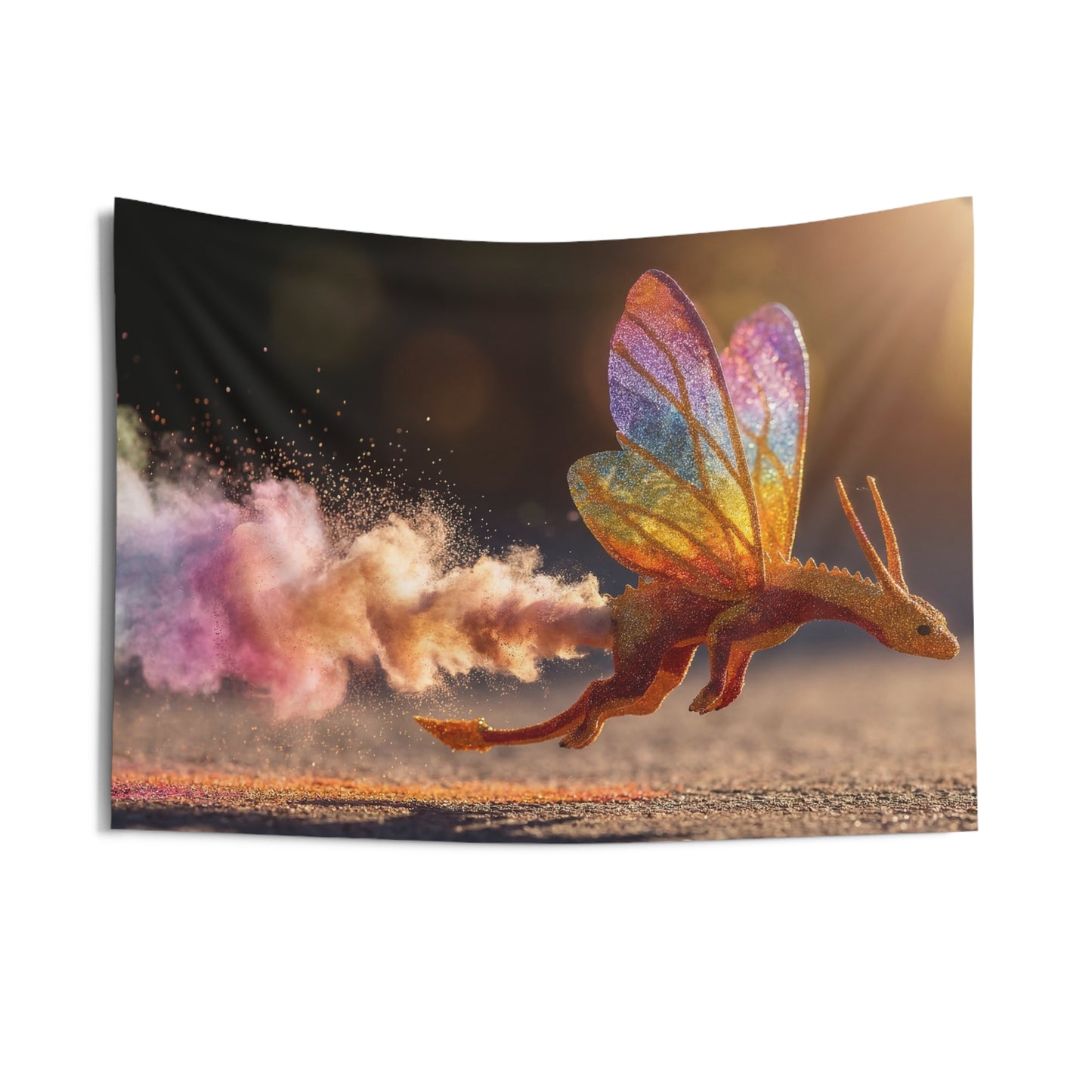 Glitter Dragon in Flight Indoor Wall Tapestries – Sunset Powder Trail Fantasy