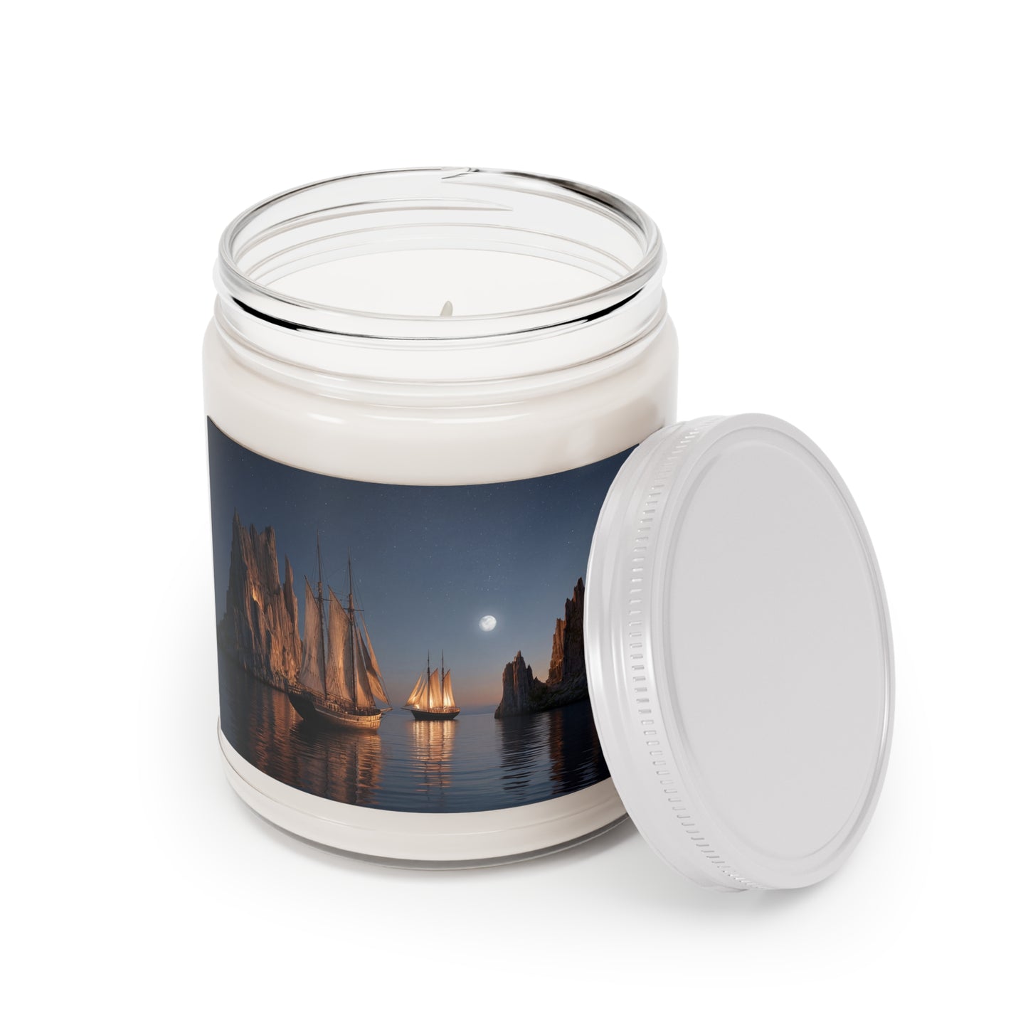 Starlit Sailors Scented Soy Candles with White Lid, 9oz – Moonlit Passage Between Cliffs