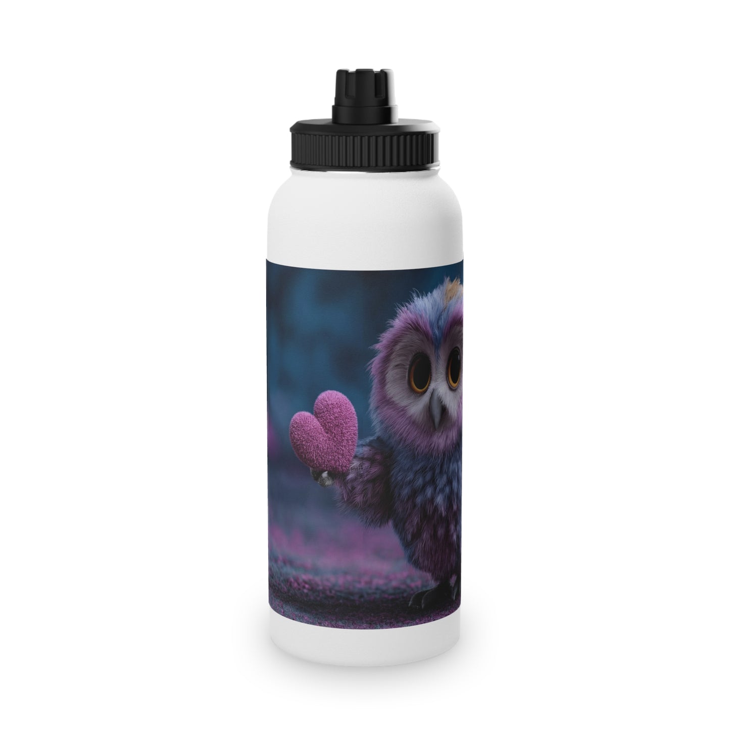 Velvet Owl with Heart Stainless Steel Water Bottle, Sports Lid – Midnight Whimsy Companion
