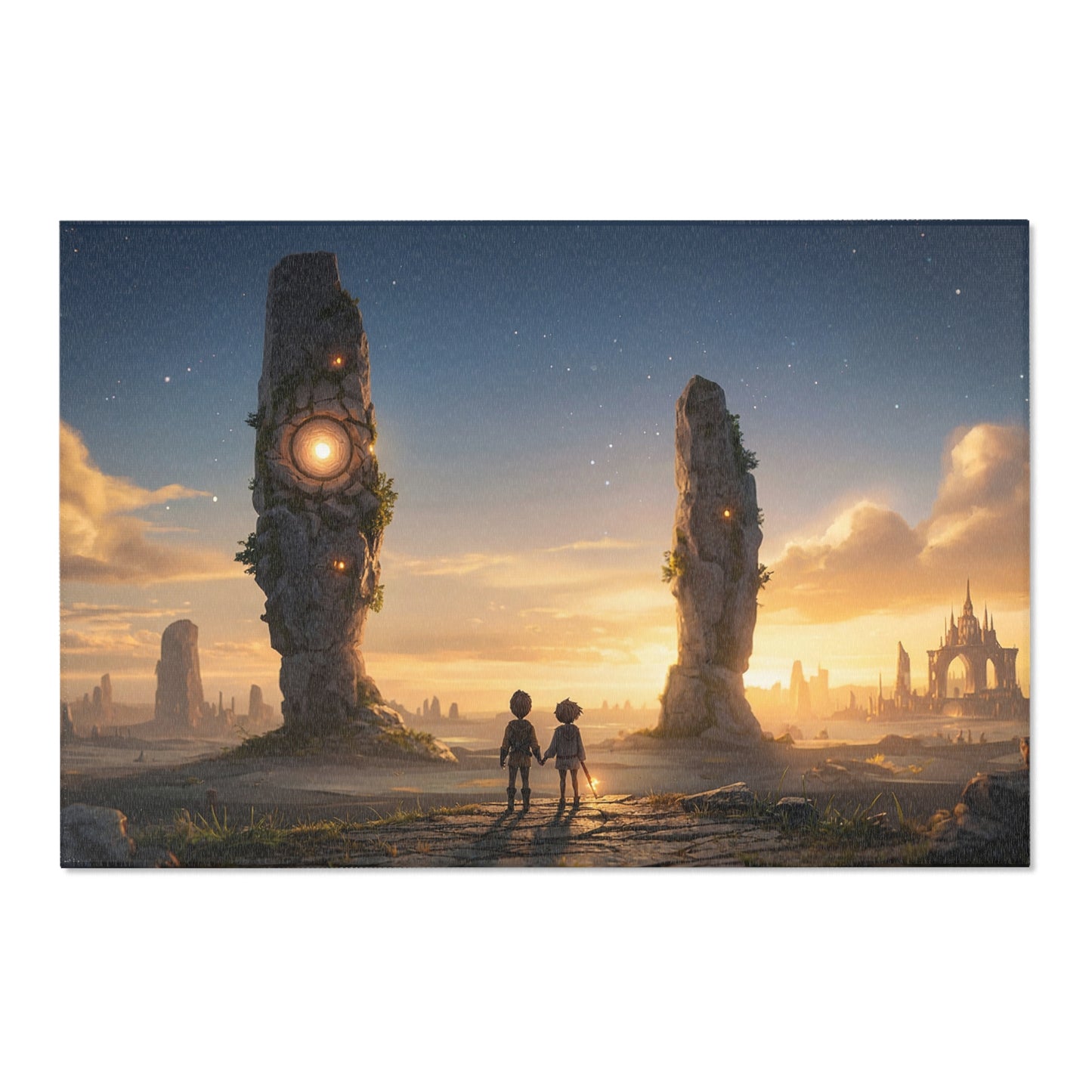 Twin Monoliths Area Rug – Starlit Gatekeepers at Sunset